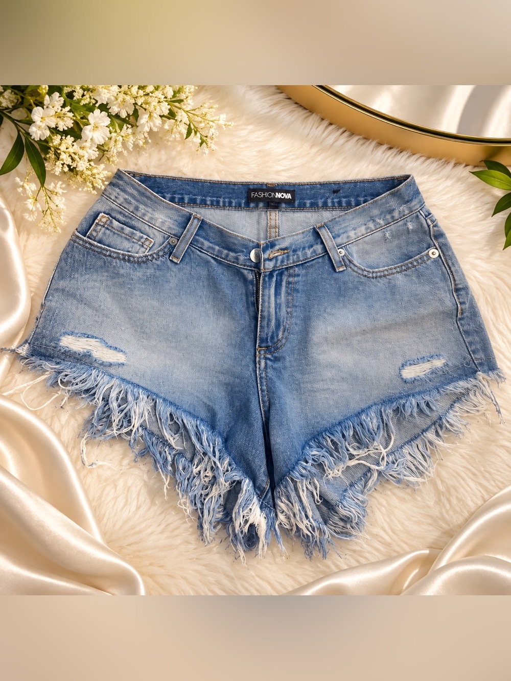 Fashion Nova Light Wash Frayed Hem Denim Shorts